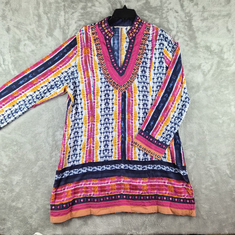 Soft Surroundings Giada Batik Tunic Top Women Medium Tie Dye Beaded Bohemian